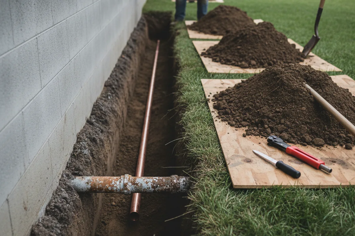 Excavated water line trench during Water Heater Repair in Cuthbert